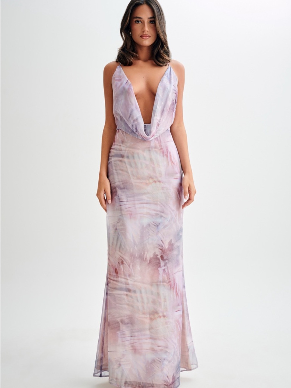 Meshki Pastel Watercolor Cowl Neck Maxi Dress